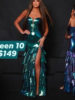 2 Cute Iridescent Green Mermaid Ruffle Gown